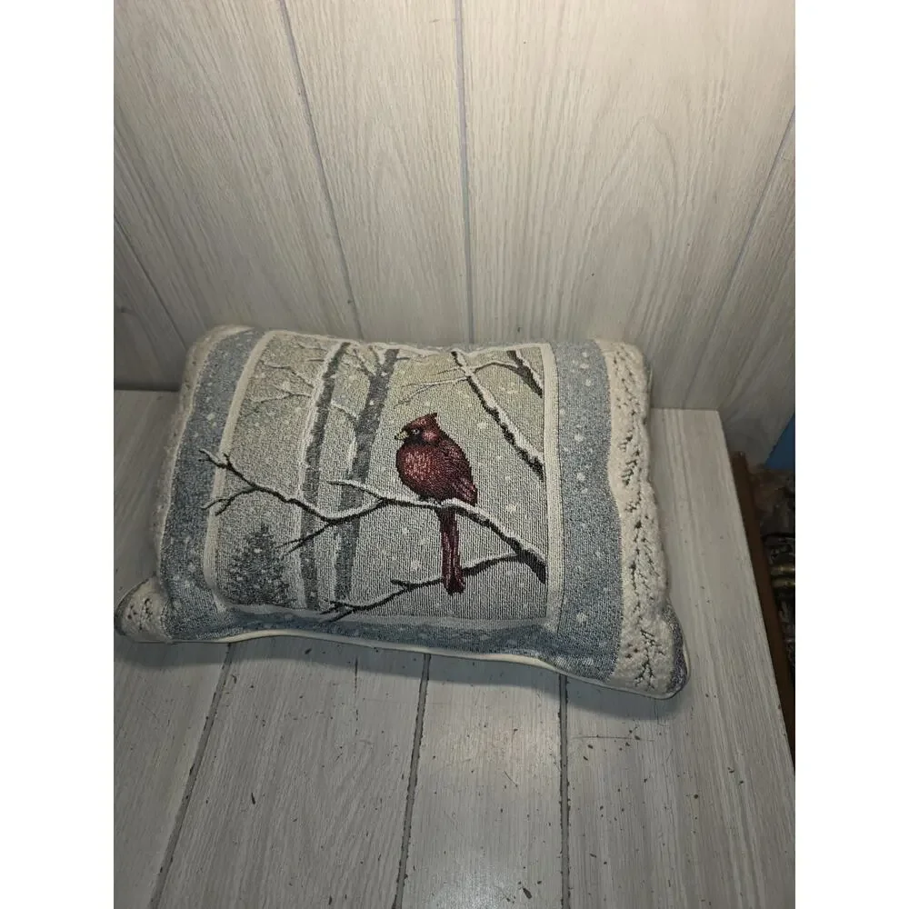 Vintage Cardinal Bird Tapestry Throw Pillow Winter Scene 15